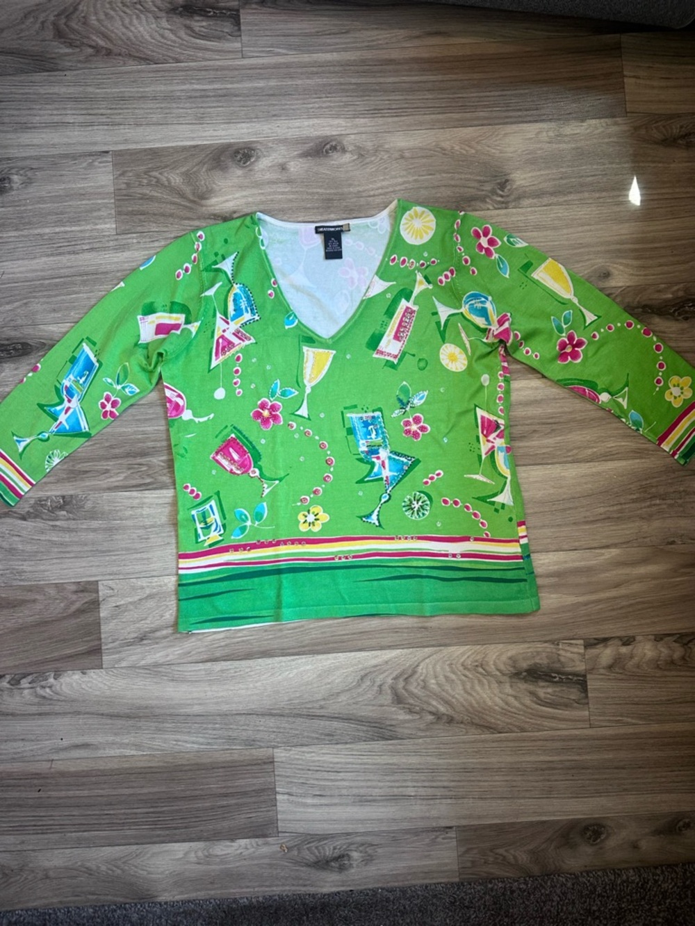 Sweaterworks Lime Green V-Neck Martini Embellished Sweater